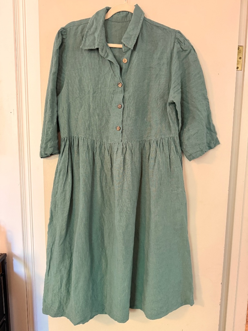 Green Linen Midi Dress Medium Button Front Pockets Collared Cottagecore